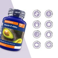 Vitamin E 400iu bottle with avocado image and a grid of allergy icons showing GMO free gluten free dairy free nut free wheat free egg free fish free shellfish free