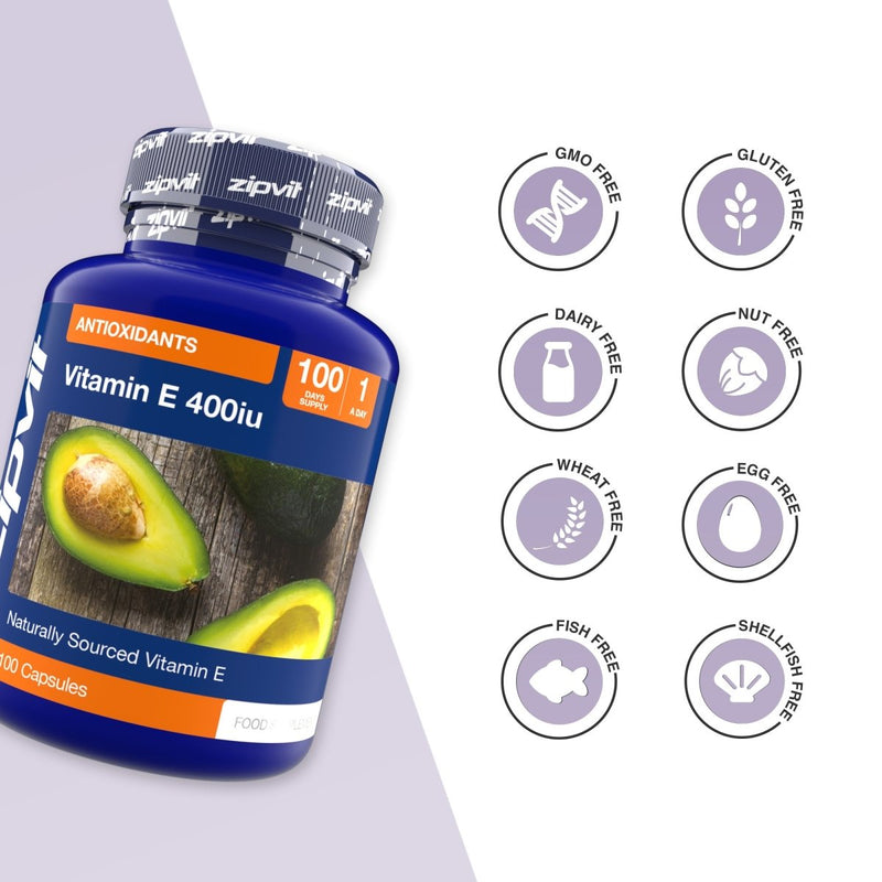 Vitamin E 400iu bottle with avocado image and a grid of allergy icons showing GMO free gluten free dairy free nut free wheat free egg free fish free shellfish free