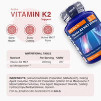 Active Vitamin K2 support graphic with three icons and a blue Vitamin K2 MK7 bottle angled on the right