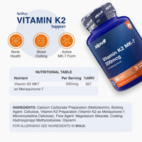 A bottle of zipvi Vitamin K2 MK-7 dietary supplement shown on a light gray background with informational graphics, including icons for bone health, blood clotting, and active MK-7 form, a nutritional table, and ingredients list.