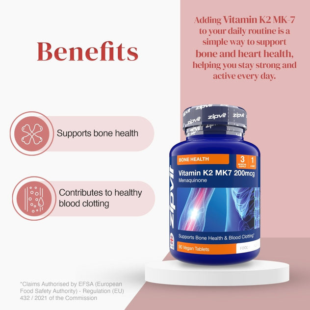 Vitamin K2 MK-7 200mcg bottle on the right with bone health and blood clotting benefit panels on the left