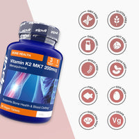 Blue bottle of Vitamin K2 MK7 200mcg labeled Bone Health, 90 Vegan Tablets, with a row of allergen free icons.