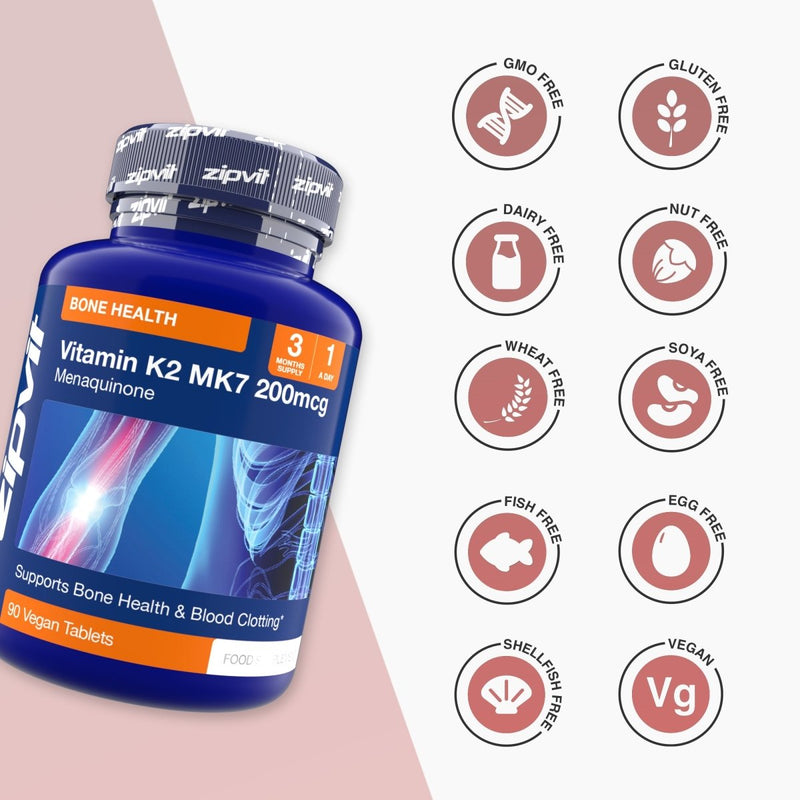 Blue bottle of Vitamin K2 MK7 200mcg labeled Bone Health, 90 Vegan Tablets, with a row of allergen free icons.