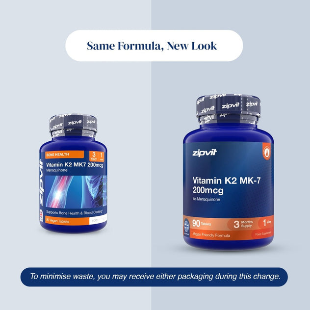 Two blue supplement bottles of zipvit Vitamin K2 MK-7 200mcg shown on a split light gray background with text reading 'Same Formula, New Look' and a note about minimizing waste.