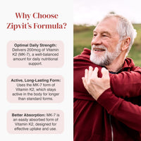Why Choose Zipvit's Formula panel with three pink benefit bubbles on the left and a senior man on the right