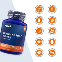 A blue bottle of zipvit Vitamin K2 MK-7 200mcg dietary supplement shown on a white background with multiple orange circular icons indicating dietary features like GMO free, gluten free, dairy free, nut free, wheat free, soy free, fish free, egg free, shellfish free, vegan, and vegetarian friendly.