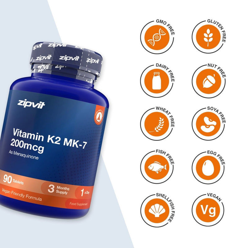 A blue bottle of zipvit Vitamin K2 MK-7 200mcg dietary supplement shown on a white background with multiple orange circular icons indicating dietary features like GMO free, gluten free, dairy free, nut free, wheat free, soy free, fish free, egg free, shellfish free, vegan, and vegetarian friendly.