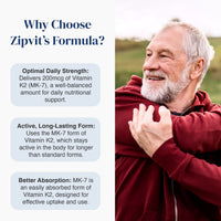 Man in a red jacket with text about choosing Zipvit's Vitamin K2 formula.