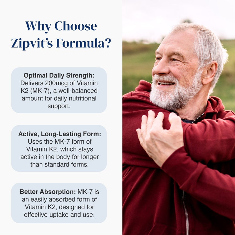 Man in a red jacket with text about choosing Zipvit's Vitamin K2 formula.