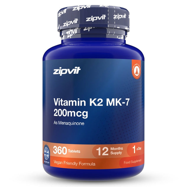 A blue plastic bottle of zipvit Vitamin K2 MK-7 200mcg tablets, featuring a dark blue label with white text and orange accents, set against a plain white background.