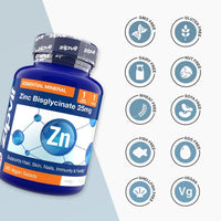 Zinc Bisglycinate 25mg bottle beside a grid of free from icons indicating vegan and allergen free.