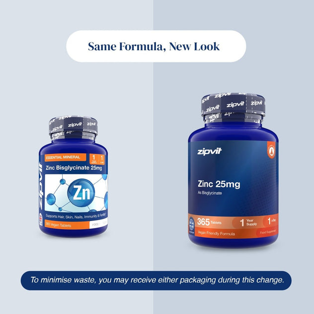 Two blue supplement bottles labeled zipvit Zinc Bisglycinate 25mg on a light gray background, with text reading 'Same Formula, New Look' and a note about receiving either packaging during a change.