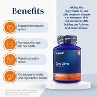 A promotional graphic for zipvit Zinc 25mg dietary supplement. The image features a dark blue bottle with an orange label accent on a white pedestal, set against a split light blue and white background.