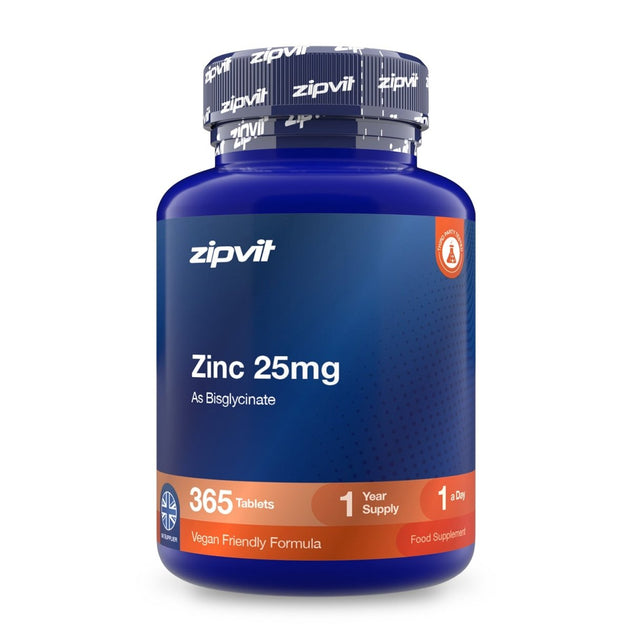 A blue plastic bottle of zipvit Zinc 25mg dietary supplement, containing 365 tablets for a year supply, on a clean white background.