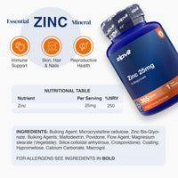 A bottle of zipvit Zinc 25mg dietary supplement shown on a light gray background with informational graphics, including icons for immune support, skin, hair, and nails, a nutritional table, and an ingredients list.
