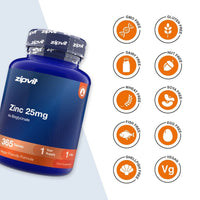 A blue bottle of zipvit Zinc 25mg dietary supplement shown on a white background with multiple orange circular badges indicating product attributes such as GMO free, gluten free, dairy free, nut free, wheat free, soy free, fish free, egg free, shellfish free, and vegan.